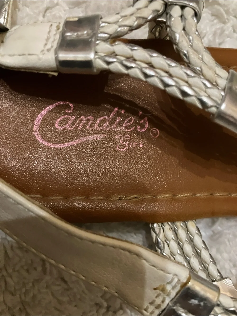 Candie's Braided Silver T-Strap Sandals with Brown Footbed